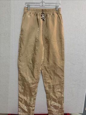 Women's Tan Satin High Waist Pants with Elastic Waist